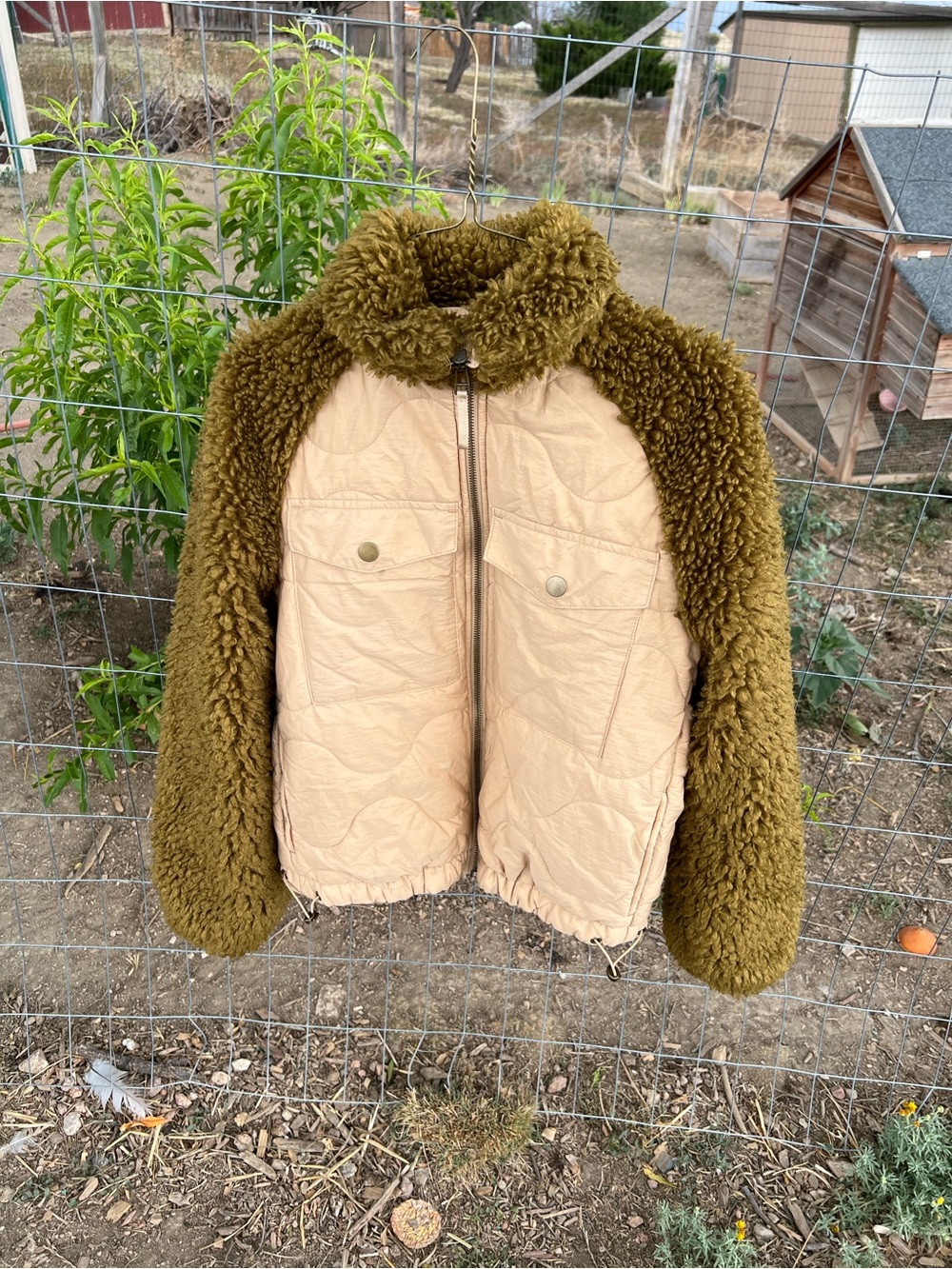 Olive Green Sherpa Sleeve Quilted Beige Front Jacket 80 percent Cotton